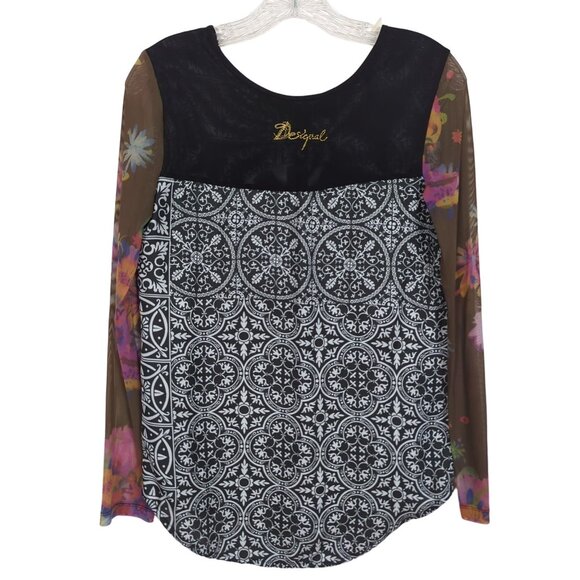 Desigual Women's Long Sleeve Geometric Print Tunic Top With Sheer Floral Sleeves - Picture 2 of 12